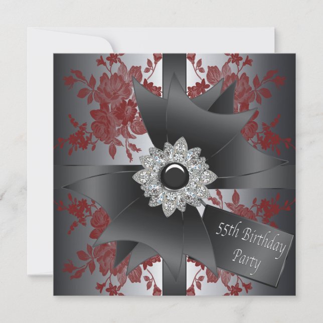 Diamond Bow Womans Röd ros 55:e Födelsedagsfesten Inbjudningar (Framsida)