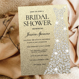 Diamond Bröllop Dress Guld Glitter Möhippa Inbjudningar