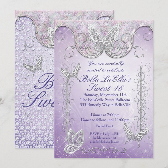 Diamond Butterfly Party-inbjudningar Inbjudningar (Fram/baksida)