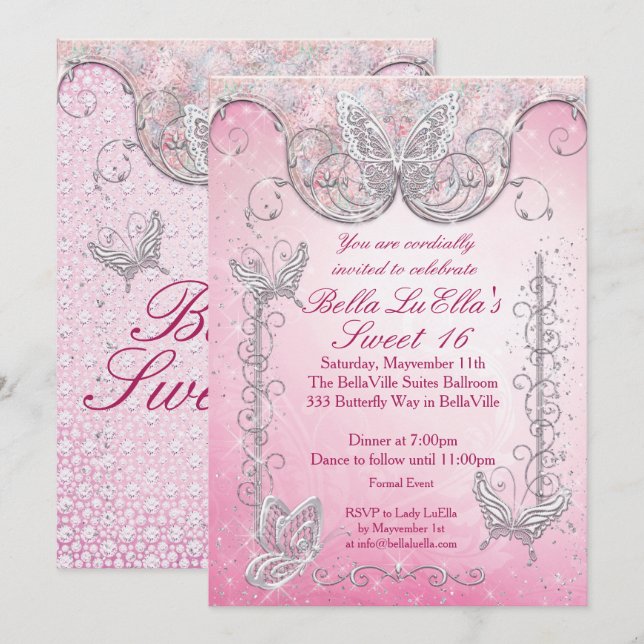 Diamond Butterfly Party-inbjudningar Inbjudningar (Fram/baksida)