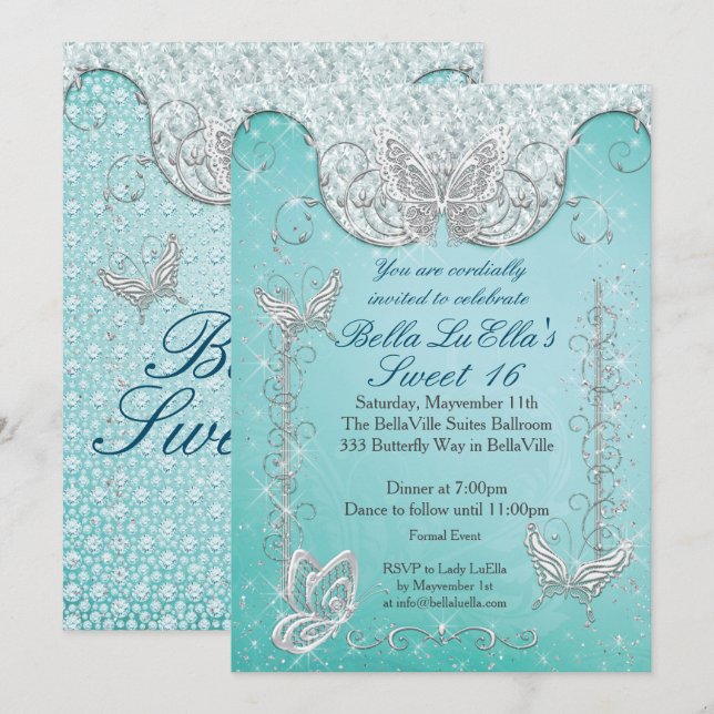 Diamond Butterfly Party-inbjudningar Inbjudningar (Fram/baksida)