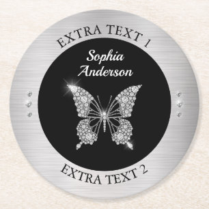 Diamond Butterfly, Silver Metall, Namn/Info, Black Underlägg Papper Rund