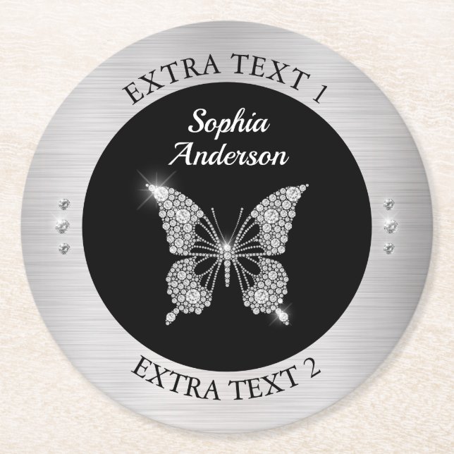 Diamond Butterfly, Silver Metall, Namn/Info, Black Underlägg Papper Rund (Framsidan)