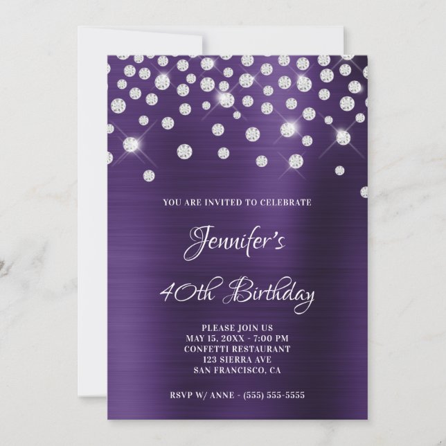 Diamond Confetti Mörk Violet Satin Foil Ombre Inbjudningar (Framsida)