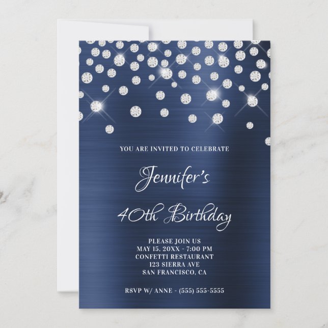 Diamond Confetti Navy Blue Satin Foil Ombre Inbjudningar (Framsida)