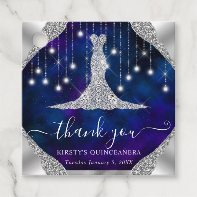 Diamond Dress & Bokeh String Ljus Quinceanera Gåvor Etiketter (Framsida)