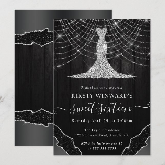 Diamond Dress & Bokeh String Ljus Sweet 16 Inbjudningar (Fram/baksida)