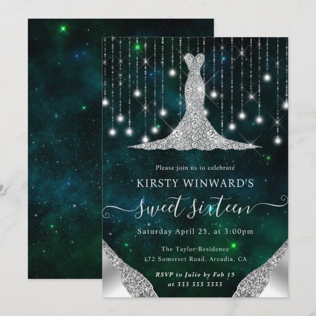 Diamond Dress & Bokeh String Ljus Sweet 16 Inbjudningar (Fram/baksida)