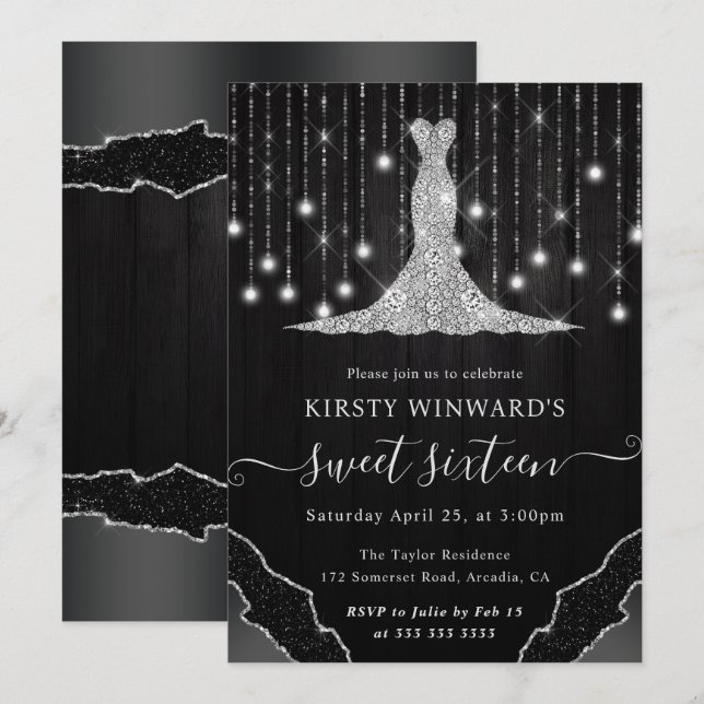 Diamond Dress & Bokeh String Ljus Sweet 16 Inbjudningar (Fram/baksida)