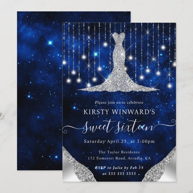 Diamond Dress & Bokeh String Ljus Sweet 16 Inbjudningar (Fram/baksida)