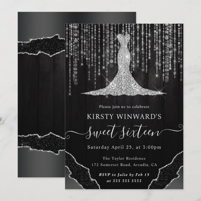 Diamond Dress & Bokeh String Ljus Sweet 16 Inbjudningar (Fram/baksida)