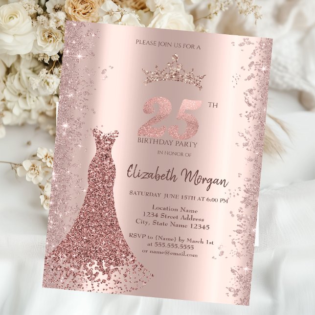 Diamond Dress Ro Guld Glitter Dust 25:e Inbjudningar (Skapare uppladdad)