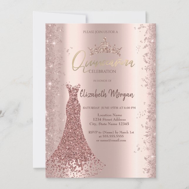Diamond Dress Ro Guld Glitter Dust Quinceañera Inbjudningar (Framsida)