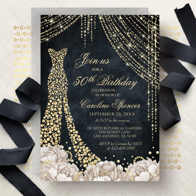 Diamond Dress Women's 50th Gold Birthday Invitatio Inbjudningar (Skapare uppladdad)