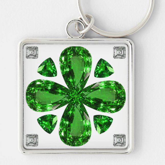 Diamond & Emerald Gemstone Art, Grönt Keychain Fyrkantig Silverfärgad Nyckelring (Framsidan)