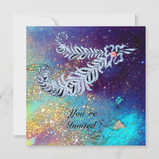 DIAMOND FEATHERS ,Blue turquase guld sparkles Inbjudningar (Framsida)