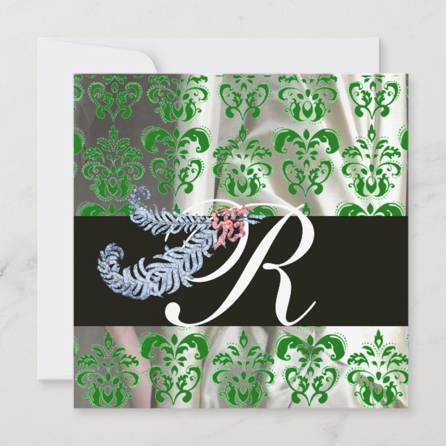 DIAMOND FEATHERS GRÖNT WHITE SILKE DAMASK MONOGRAM INBJUDNINGAR (Framsida)