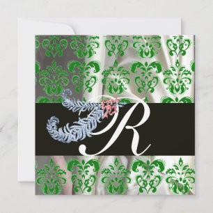 DIAMOND FEATHERS GRÖNT WHITE SILKE DAMASK MONOGRAM INBJUDNINGAR
