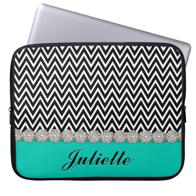 Diamond Flower Black White Chevron Mönster Laptop Sleeve (Framsidan)