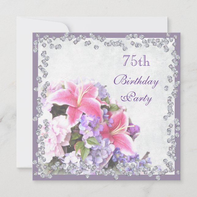 Diamond Framed Flowers 75:e Birthday Inbjudningar (Framsida)