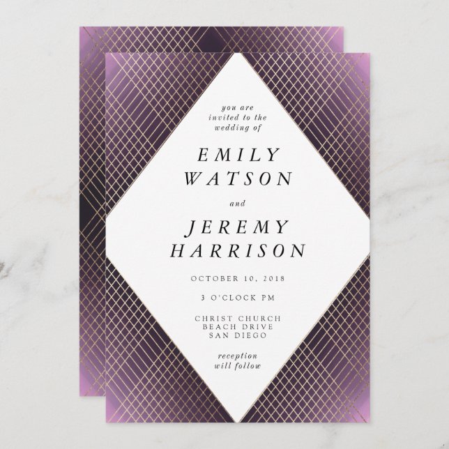 Diamond Geometric Lila Deco Guld Gatsby Bröllop Inbjudningar (Fram/baksida)
