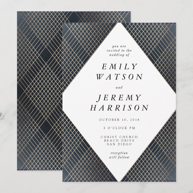 Diamond Geometric Navy Deco Guld Gatsby Bröllop Inbjudningar (Fram/baksida)