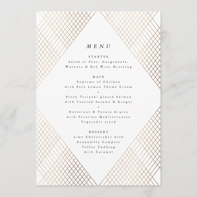 Diamond Geometric White Guld Gatsby Bröllop Menu Meny (Framsida)