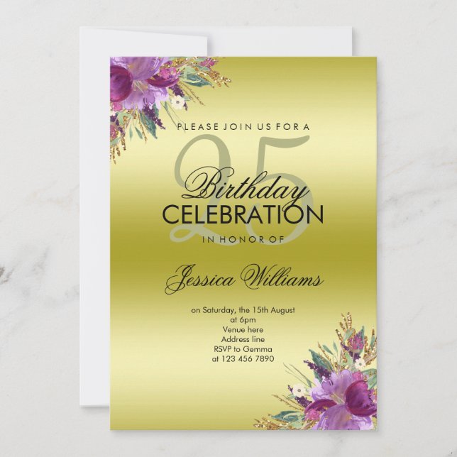 Diamond Glitter Watercolor Flowers Guld Birthday Inbjudningar (Framsida)