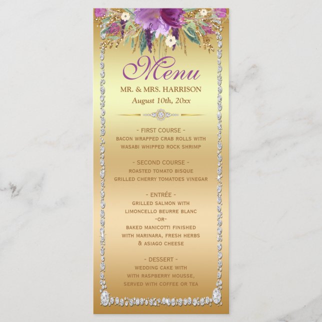 Diamond Glitter Watercolor Flowers Guld Menu Meny (Framsida)
