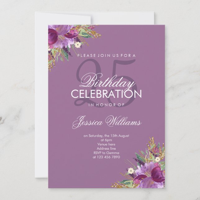 Diamond Glitter Watercolor Flowers Mauve Birthday Inbjudningar (Framsida)