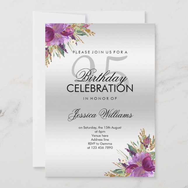 Diamond Glitter Watercolor Flowers Silver Birthday Inbjudningar (Framsida)