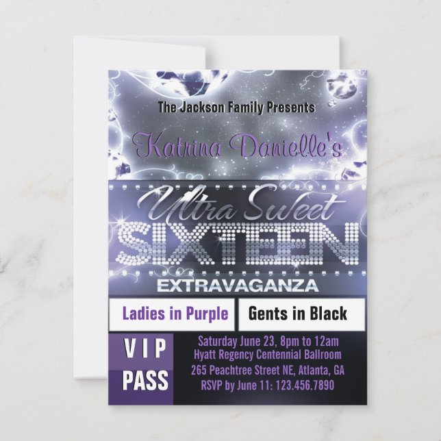 Diamond Glow Sweet sixteen VIP Pass Inbjudan Lila (Framsida)