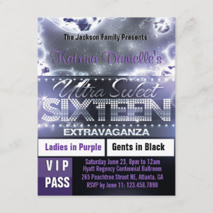 Diamond Glow Sweet sixteen VIP Pass Inbjudan Lila