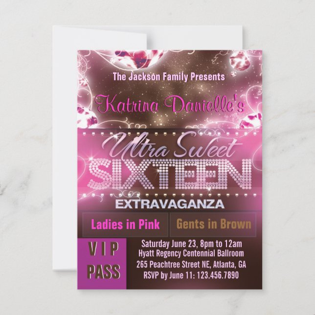 Diamond Glow Sweet sixteen VIP Pass [Rosa Brown] Inbjudningar (Framsida)