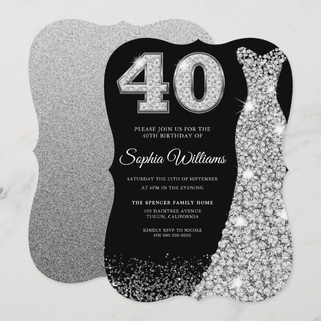 Diamond Gnistra Dress 40:e födelsedag Party Black Inbjudningar (Fram/baksida)