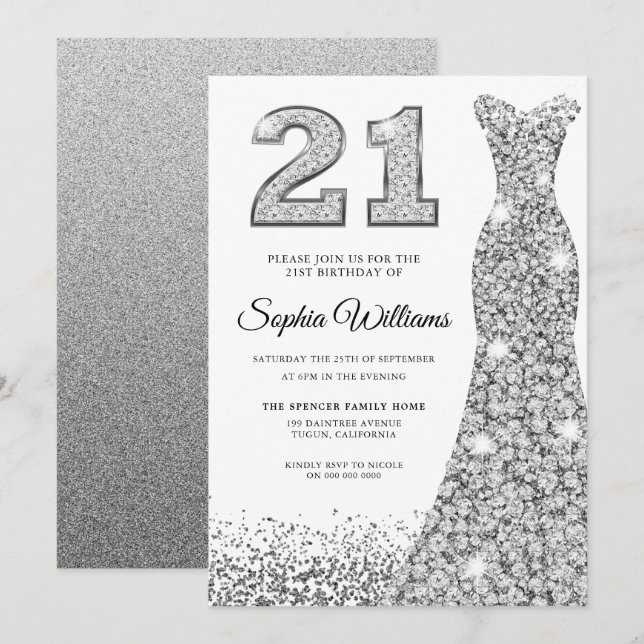 Diamond Gnistra Glitter Dress 21:a födelsedagen Pa Inbjudningar (Fram/baksida)