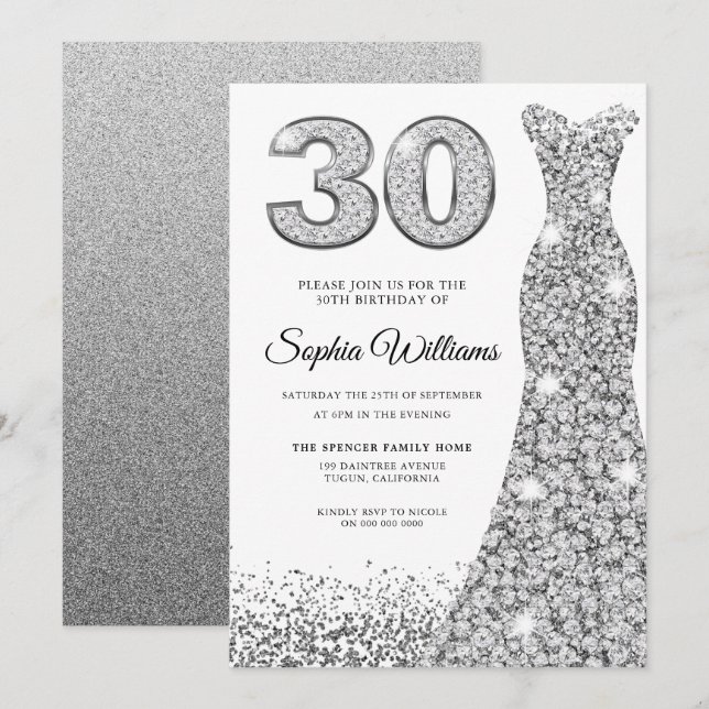 Diamond Gnistra Glitter Dress 30års födelsedag Par Inbjudningar (Fram/baksida)