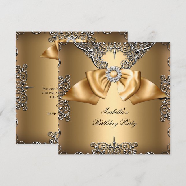 Diamond Guld Beige Bow Silver Elegant Birthday Inbjudningar (Fram/baksida)