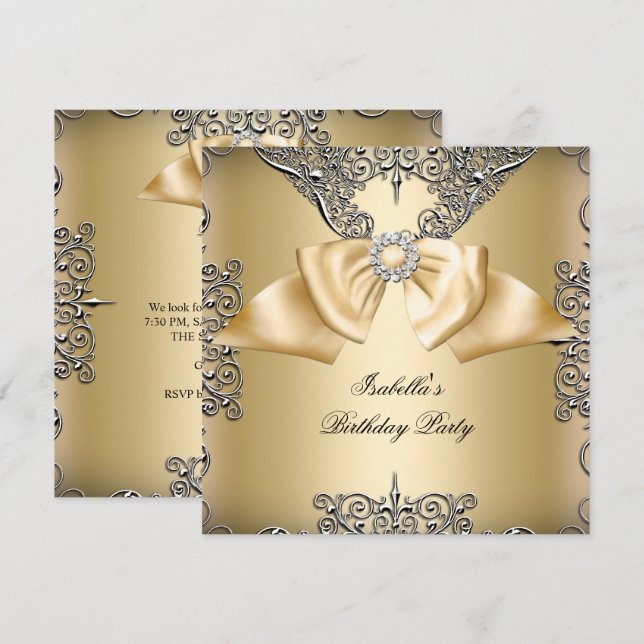 Diamond Guld Cream Bow Silver Elegant Birthday Inbjudningar (Fram/baksida)