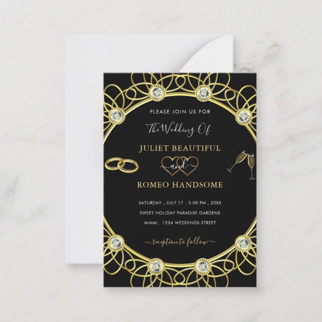 Diamond Guld Luxury Black Wedding bjudande Anteckningskort (Framsida)