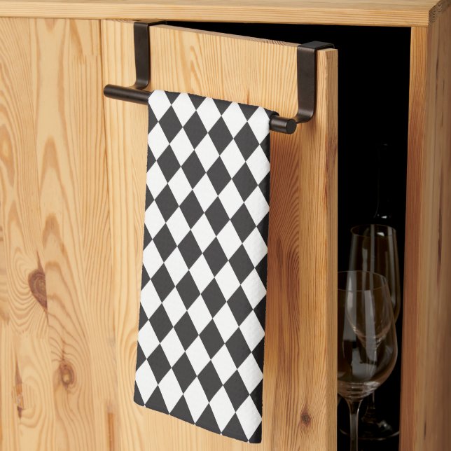 Diamond Harlequin Mönster i Black and White Kökshandduk (Thirds Fold)
