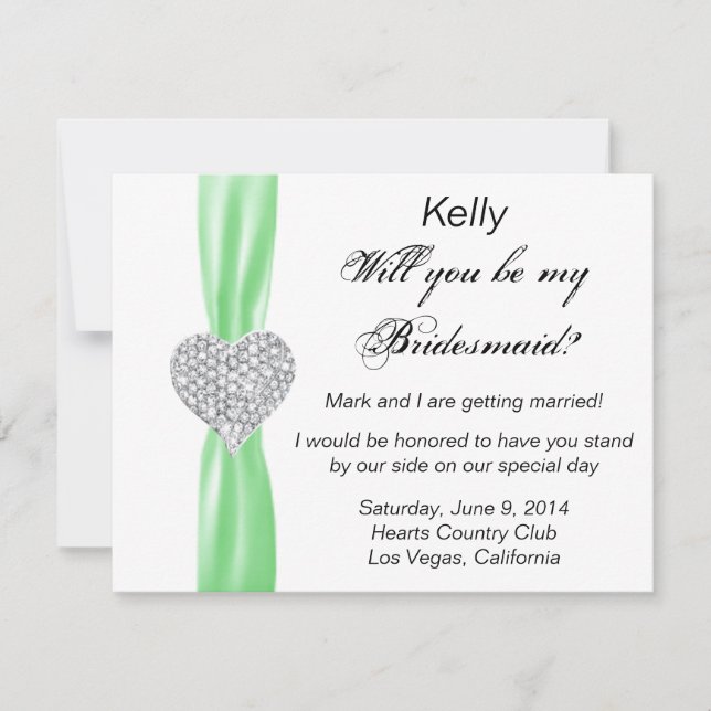 Diamond Heart Grönt Bröllop Bridesmaid Card Inbjudningar (Framsida)