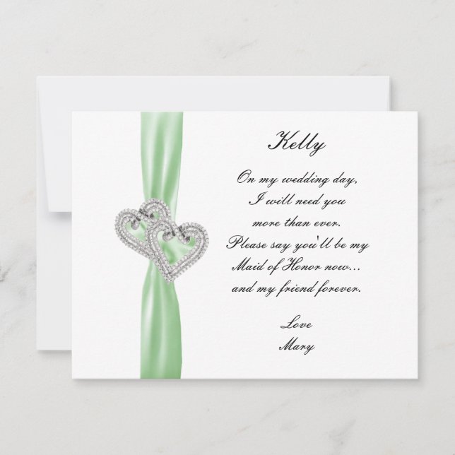 Diamond Heart Grönt Bröllop Maid of honor Card Inbjudningar (Framsida)