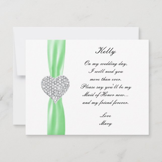 Diamond Heart Grönt Bröllop Maid of honor Card Inbjudningar (Framsida)