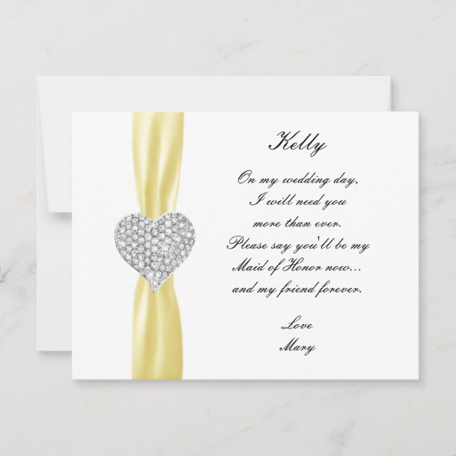 Diamond Heart Gult Bröllop Maid of honor Card Inbjudningar (Framsida)