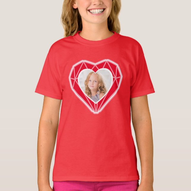 Diamond Heart Kids Photo Red Valentine Day T Shirt (Framsida)