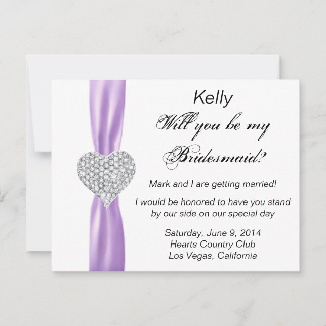 Diamond Heart Lila Bröllop Bridesmaid Card Inbjudningar (Framsida)