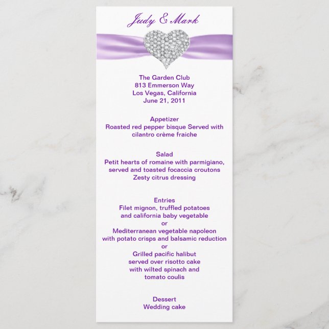 Diamond Heart Lila Bröllop Menu Card Meny (Framsida)