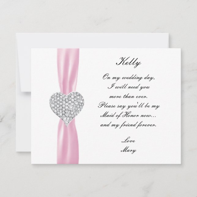Diamond Heart Rosa Bröllop Maid of honor Card Inbjudningar (Framsida)