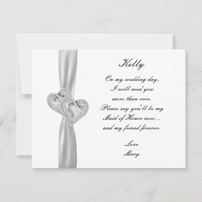 Diamond Hearts White Bröllop Maid of honor Card Inbjudningar (Framsida)